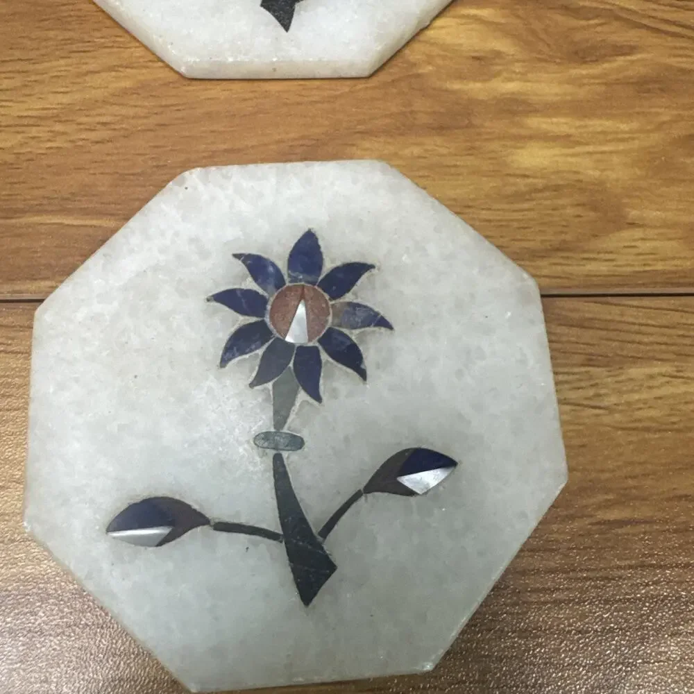 White Marble Floral Coasters Pietra Dura Inlay Lapis Mother of Pearl 3